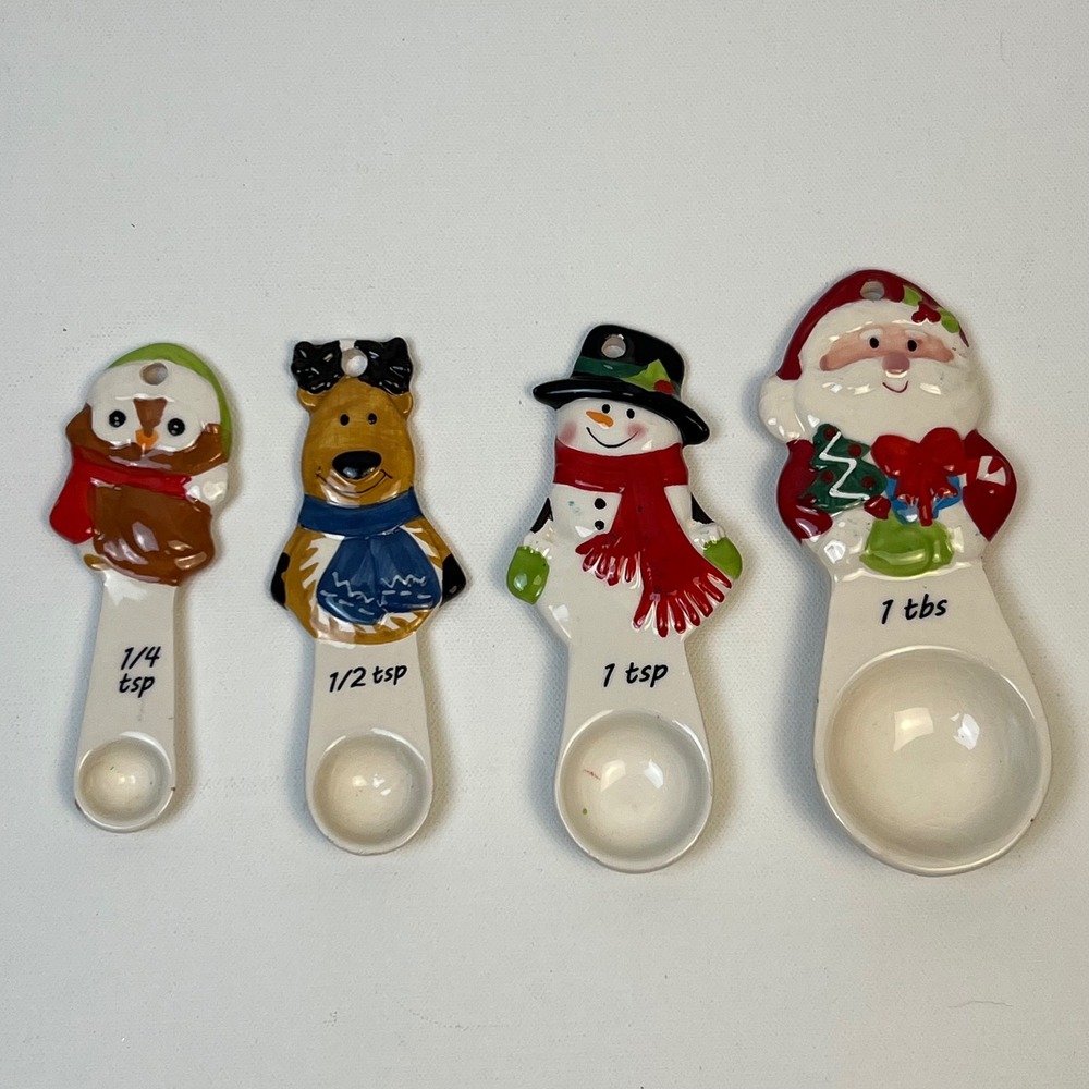 Christmas Ceramic Measuring Spoons Set Santa Snowman Reindeer Owl 4pc Holiday